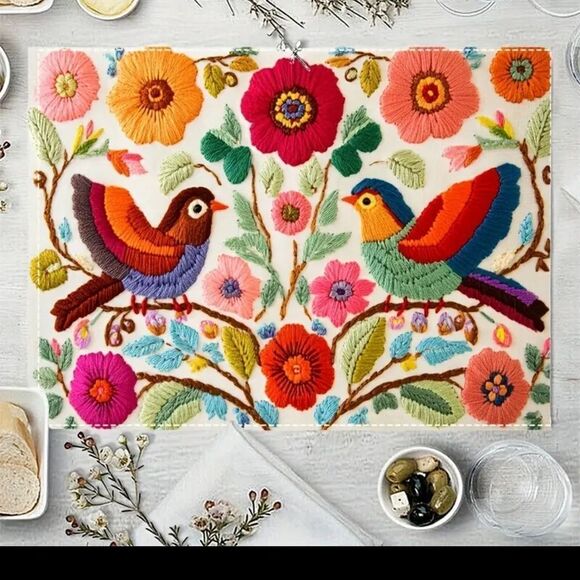 Floral Bird Pattern Linen Placemats 4pcs. - Picture 6 of 8